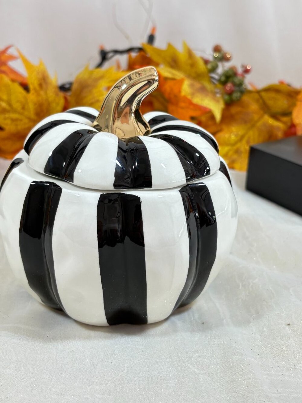 Black & White Ceramic Pumpkin Gold Stem  Mackenzie-Style Covered Sugar Bowl Jar